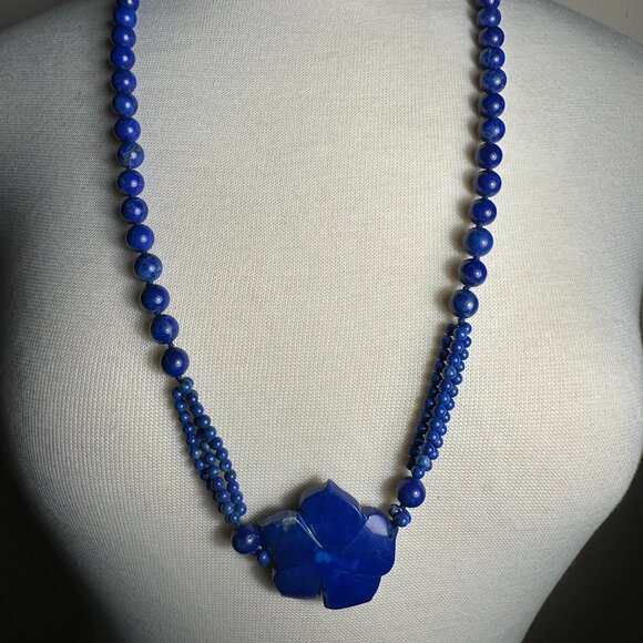 NEW Long Lapis Necklace with a Carved Flower Accent - Picture 3 of 7